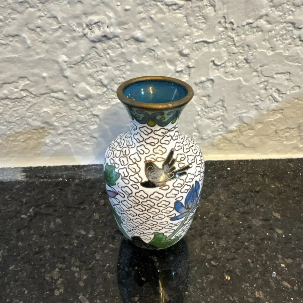 VTG Chinese Cloisonné Floral Bird Enamel Brass Mini Vase White Purple Yellow